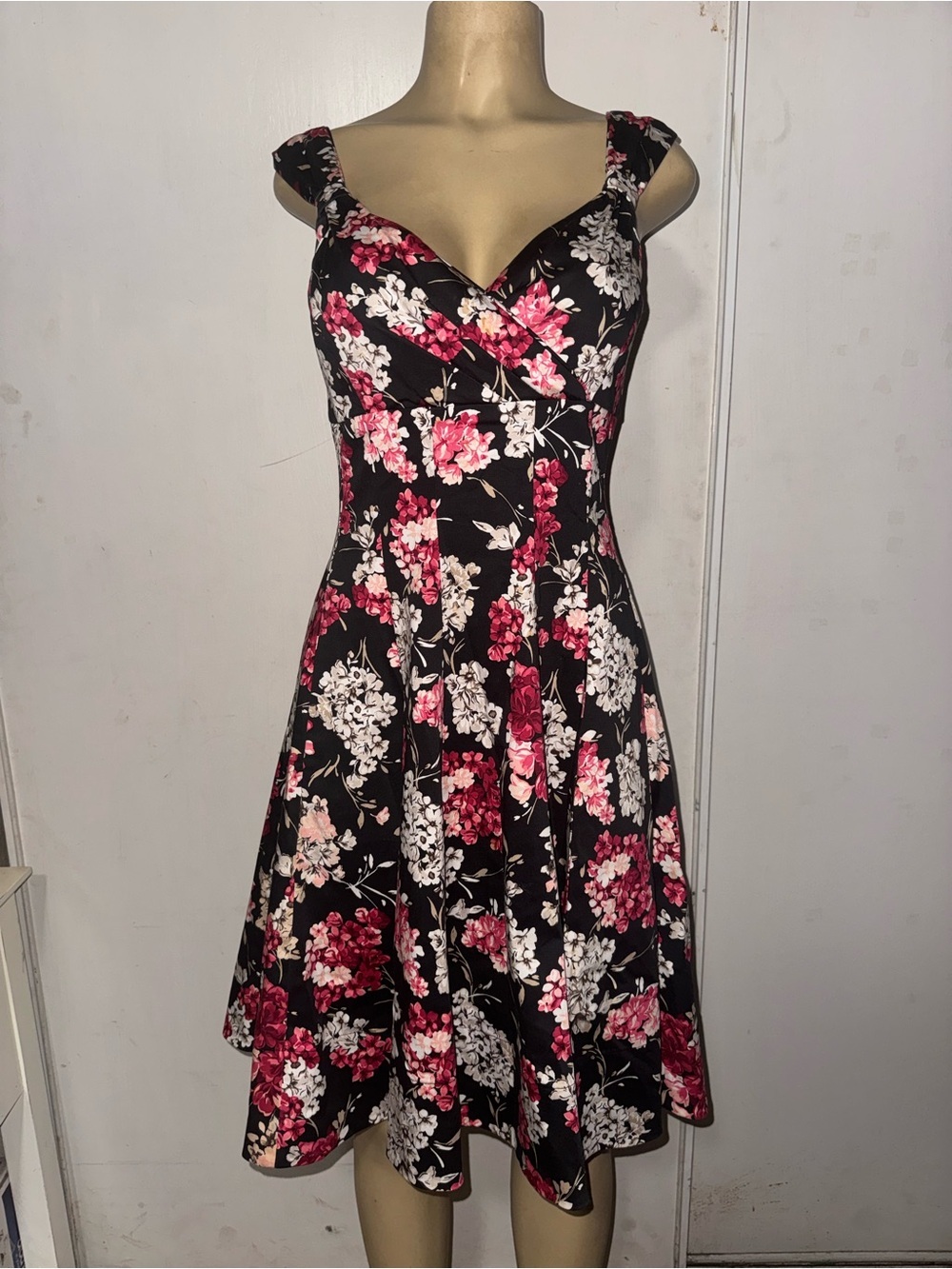 White House Black Market Black Floral Midi Dress with Pink & White Blooms